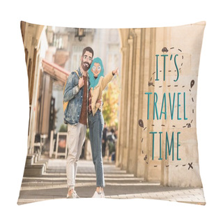 Personality  Couple Of Tourists With Illustrated Faces Hugging On Street And Pointing With Finger Away, It Is Travel Time Illustration Pillow Covers