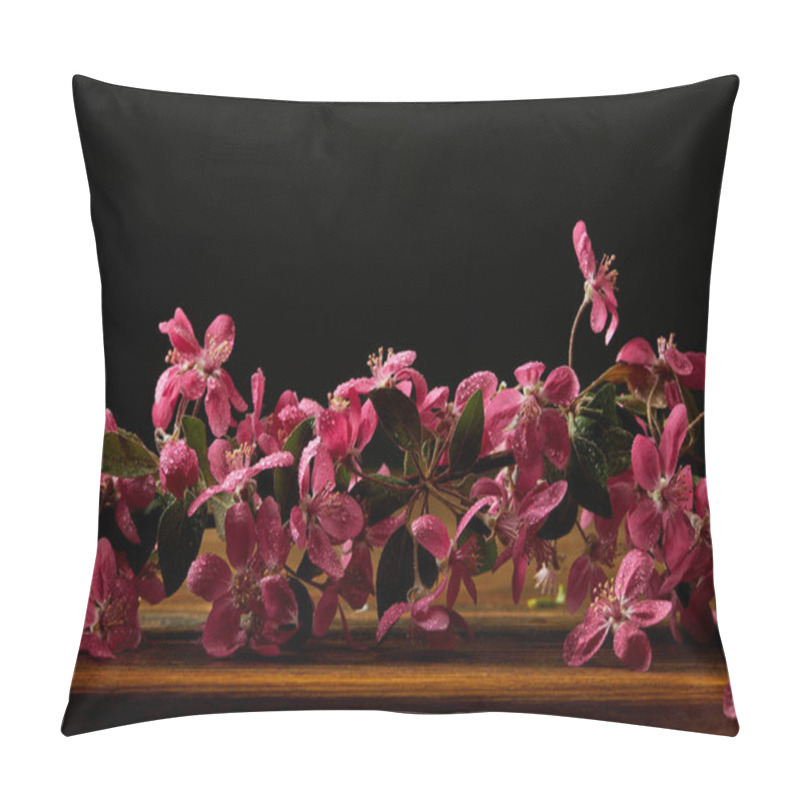 Personality  Close-up Shot Of Beautiful Pink Cherry Blossom Lying On Wooden Tabletop Pillow Covers