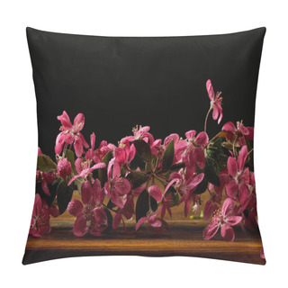 Personality  Close-up Shot Of Beautiful Pink Cherry Blossom Lying On Wooden Tabletop Pillow Covers