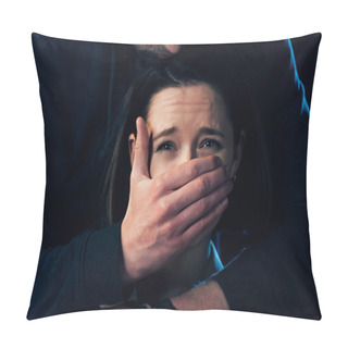 Personality  Partial View Of Criminal Attacking Scared Woman And Covering Her Mouth Isolated On Black Pillow Covers
