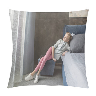 Personality  Pensive Adorable Girl Sitting On Pouffe Near The Bed At Home  Pillow Covers