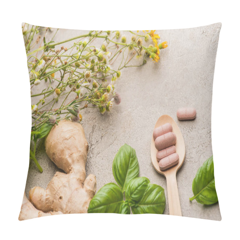 Personality  Herb, Green Leaves, Ginger Root And Pills In Wooden Spoon On Concrete Background, Naturopathy Concept Pillow Covers