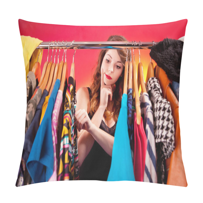 Personality  Nothing to wear concept, young woman deciding what to put on pillow covers