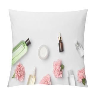 Personality  Top View Of Different Cosmetic Containers And Pink Carnations Flowers On White Background Pillow Covers