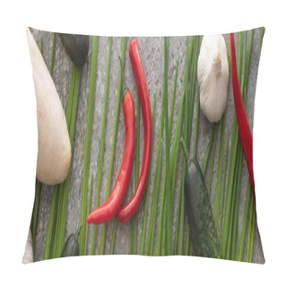 Personality  Panoramic Shot Of Daikon Radish, Chili Peppers, Green Onions, Cucumbers And Garlic On Grey Concrete Background Pillow Covers