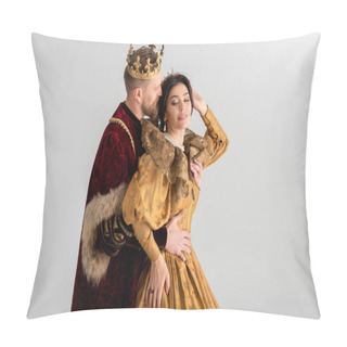 Personality  King With Crown Kissing And Hugging Smiling Queen Isolated On Grey Pillow Covers