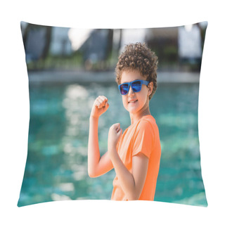 Personality  Curly Boy In Orange T-shirt And Sunglasses Demonstrating Strength While Looking At Camera Pillow Covers