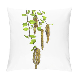 Personality  Twigs Of A Birch Tree With Green Leaves And Catkins.  Pillow Covers