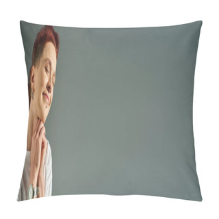 Personality  Portrait Of Redhead Bigender Person With Facial Piercing Smiling With Closed Eyes On Grey, Banner Pillow Covers
