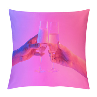 Personality  Partying, Celebration Concept: Two Glasses Of Sparkling Wine In Hands In Bright Neon Background.  Pillow Covers
