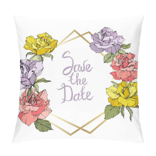 Personality  Vector. Rose Flowers And Golden Crystal Frame. Yellow, Purple And Pink Roses Engraved Ink Art. Geometric Crystal Polygon Shape On White Background. Save The Date Handwriting Monogram Calligraphy. Pillow Covers