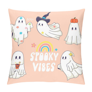 Personality  Set Of Magical Cute Happy Ghosts. Vector Image Pillow Covers