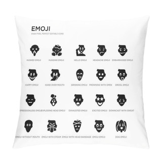 Personality  Set Of 20 Black Filled Vector Icons Such As Dog Emoji, Downcast With Sweat Emoji, Drool Emoji, Embarrassed With Head-bandage Happy Headache Hello Hugging Black Icons Collection. Editable Pixel Pillow Covers