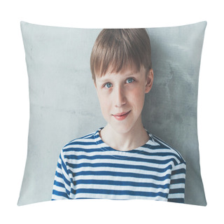 Personality  Portrait Of Boy Striped Shirt Against Grey Wall Pillow Covers