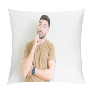 Personality  Young Handsome Man Over Isolated Background With Hand On Chin Thinking About Question, Pensive Expression. Smiling With Thoughtful Face. Doubt Concept. Pillow Covers