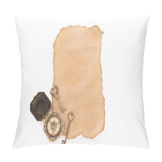 Personality  Top View Of Vintage Compass, Keys On Aged Paper Isolated On White Pillow Covers