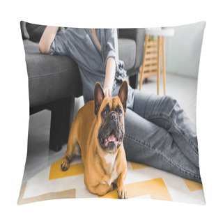 Personality  Panoramic Shot Of Cute Bulldog Laying On Floor In Living Room Near Girl Pillow Covers