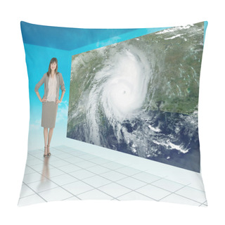 Personality  Businesswoman Standing Next To Futuristic Screen Showing Weather Pillow Covers