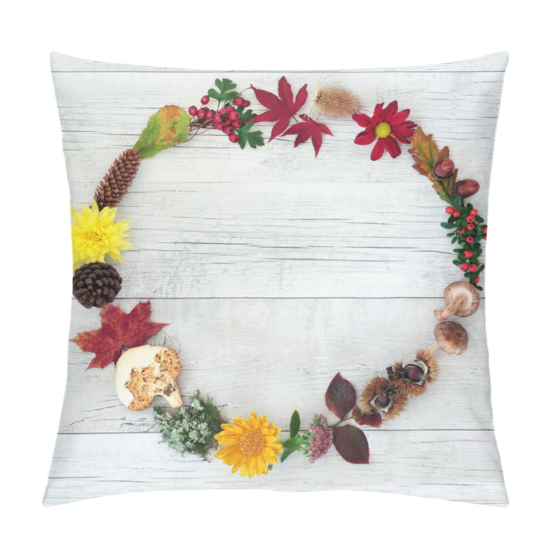 Personality  Autumn wreath harvest composition with a variety of natural flora and food on rustic wood background. pillow covers