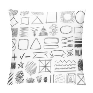 Personality  Sketch Shapes. Monochrome Scribble Symbols, Drawing Pencil Frame, Stroke And Shade, Hatched Shaded Badge Round And Square Shape Vector Set Pillow Covers