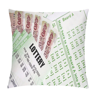 Personality  Green Lottery Tickets And Great Britain Pounds Money Bills On Blank With Numbers For Playing Lottery Close Up Pillow Covers