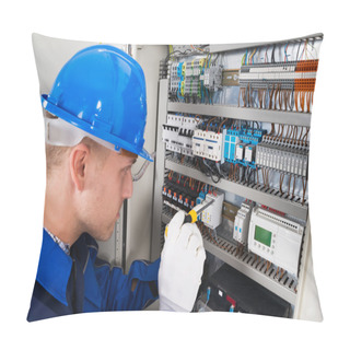 Personality  Male Electrician Examining Fusebox Pillow Covers