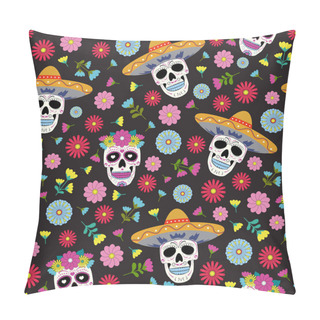 Personality  Day Of The Dead Skull With Floral Ornament And Flower Seamless Pattern On Black Background. Dia De Los Muertos Celebration Pattern Background. Vector Illustration Pillow Covers