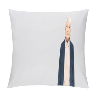Personality  Grey Haired Woman Looking At Camera Isolated On Grey, Banner  Pillow Covers