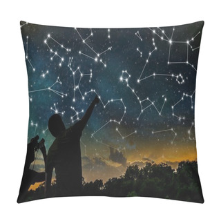 Personality  Astrology Concept. Constellations On Night Sky. Silhouettes Of A Pillow Covers