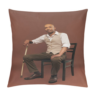 Personality  Inclusion, Real People, African American Man With Myasthenia Gravis Syndrome Sitting On Chair And Looking At Camera, Dark Skinned Man With Chronic Disease Holding Walking Stick On Brown Background Pillow Covers