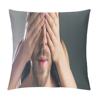 Personality  Panoramic Shot Of Girlfriend Closing Eyes Of Man On Dark Grey With Back Light  Pillow Covers