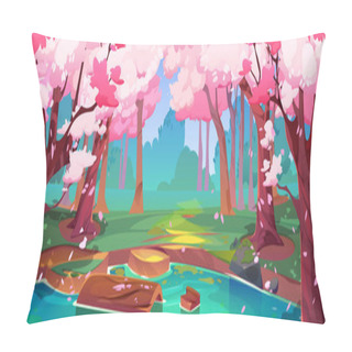 Personality  Spring Forest With Japanese Cherry Trees And Lake. Park Landscape With Sakura Trees With Falling Pink Petals, River Or Pond Shore, Green Grass And Bushes, Vector Cartoon Illustration Pillow Covers