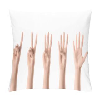 Personality  Collage Of Woman Showing Numbers With Hands Isolated On White Pillow Covers
