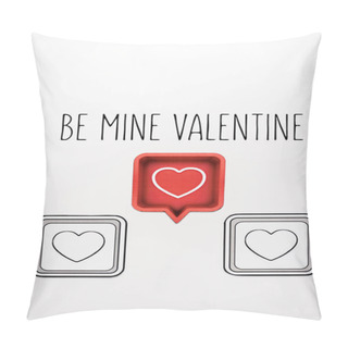 Personality  Top View Of Red Speech Bubble With Heart Near Black Cubes And Be My Valentine Letters On White  Pillow Covers