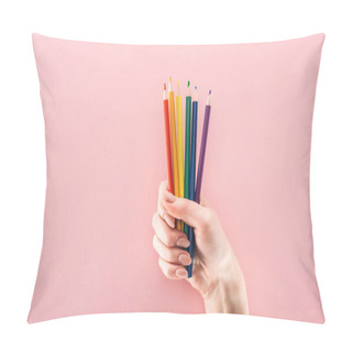 Personality  Partial View Of Female Hand With Rainbow Colored Pencils On Pink Background, Lgbt Concept Pillow Covers