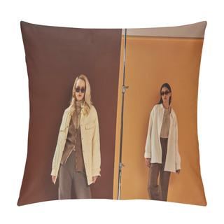 Personality  Fall Wardrobe, Stylish Multiethnic Women In Sunglasses And Outerwear Posing On Colorful Backdrop Pillow Covers