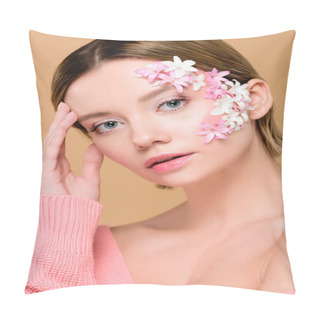 Personality  Beautiful Woman With Flowers On Face Looking At Camera Isolated On Beige Pillow Covers