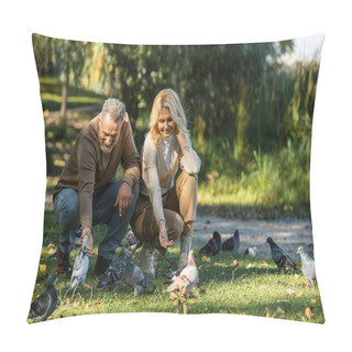 Personality  Full Length Of Happy Middle Aged Couple Sitting And Luring Pigeons In Park  Pillow Covers