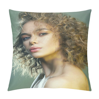 Personality  Beautiful Freckles Woman In Green Light. Amazing Curly Girl With Make-up. Beauty Fashion Portrait. Frizzle Hair Pillow Covers