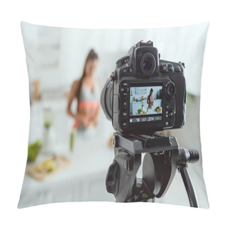 Personality  Selective Focus Of Digital Camera With Girl Near Glass With Drink And Fruits On Screen  Pillow Covers