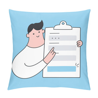 Personality  Registration Form. Cute Cartoon Man With A Registration Sign Up Form, Filling All Fields For Signing In, CTA Concept, Clipboard With Fields To Fill. Flat Line Vector Icon  Pillow Covers