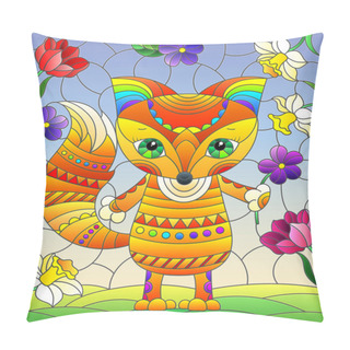 Personality  Illustration In A Stained Glass Window With An Abstract Cute Fox On A Background Of Flowers And Sky Pillow Covers