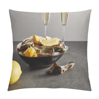 Personality  Selective Focus Of Delicious Oysters And Lemons In Bowl Near Champagne Glasses With Sparkling Wine Isolated On Grey  Pillow Covers