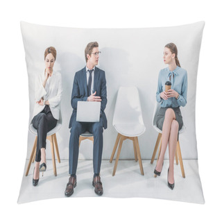 Personality  Handsome Man In Glasses Sitting With Laptop And Talking With Attractive Woman  Pillow Covers