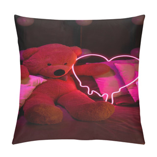 Personality  Cute Brown Teddy Bear Lies In Pillows, Holds A Brightly Glowing Neon Pink Heart. Valentine's Day 14 February, Gift Romantic Background. Declaration Of Love, Congratulations On Holiday Or Anniversary Pillow Covers