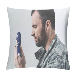 Personality  Sad Bearded Military Man Looking At Usa National Flag While Standing By White Wall Pillow Covers