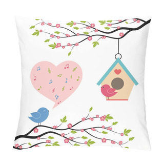 Personality  Birds Sing A Song From The Musical Notes On Trees. Pillow Covers