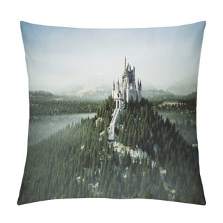 Personality  Old Fairytale Castle On The Hill. Aerial View. 3d Rendering. Pillow Covers