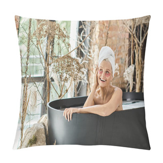 Personality  Joyous Middle Aged Woman With Towel On Head And Eye Patches Taking Bath In Modern Apartment Pillow Covers