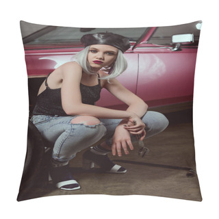 Personality  Stylish Blonde Girl In Beret Holding Wrench And Looking At Camera While Repairing Car Pillow Covers